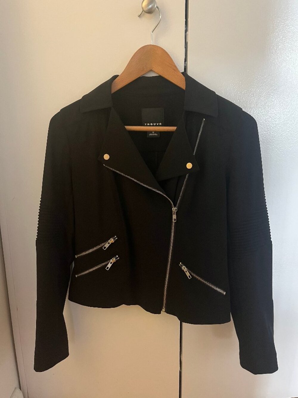 Trouvé Black Moto Biker Jacket – Size XS – Silver Zip Detail